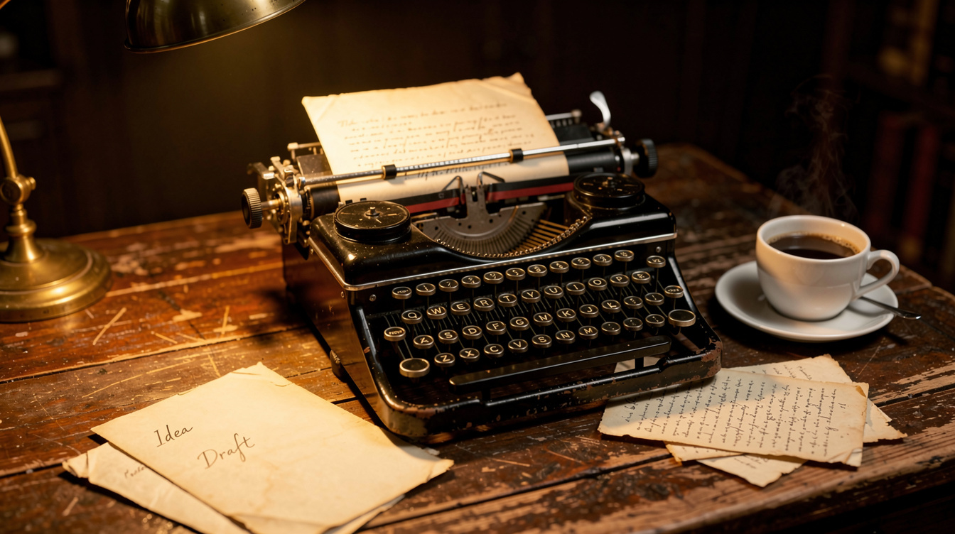 Vintage typewriter on a wooden desk with scattered papers