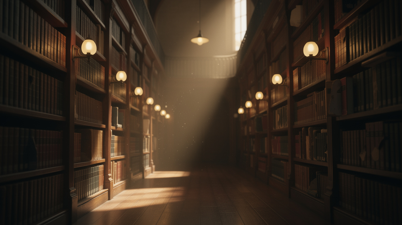 Tall wooden bookshelves filled with old hardcover books
