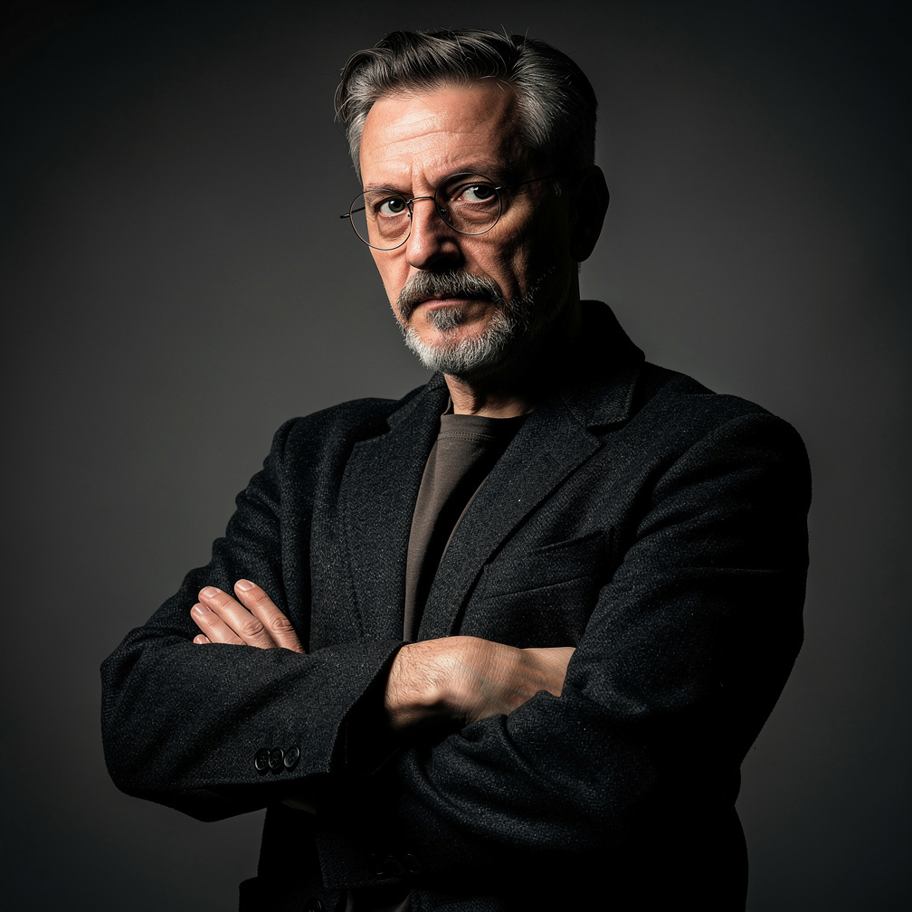 Portrait of a Croatian male mystery novelist in his fifties wearing a dark coat and round glasses