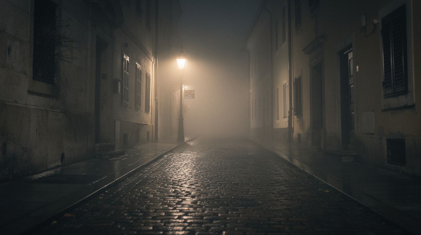 Foggy cobblestone street at night with a single lit lamp
