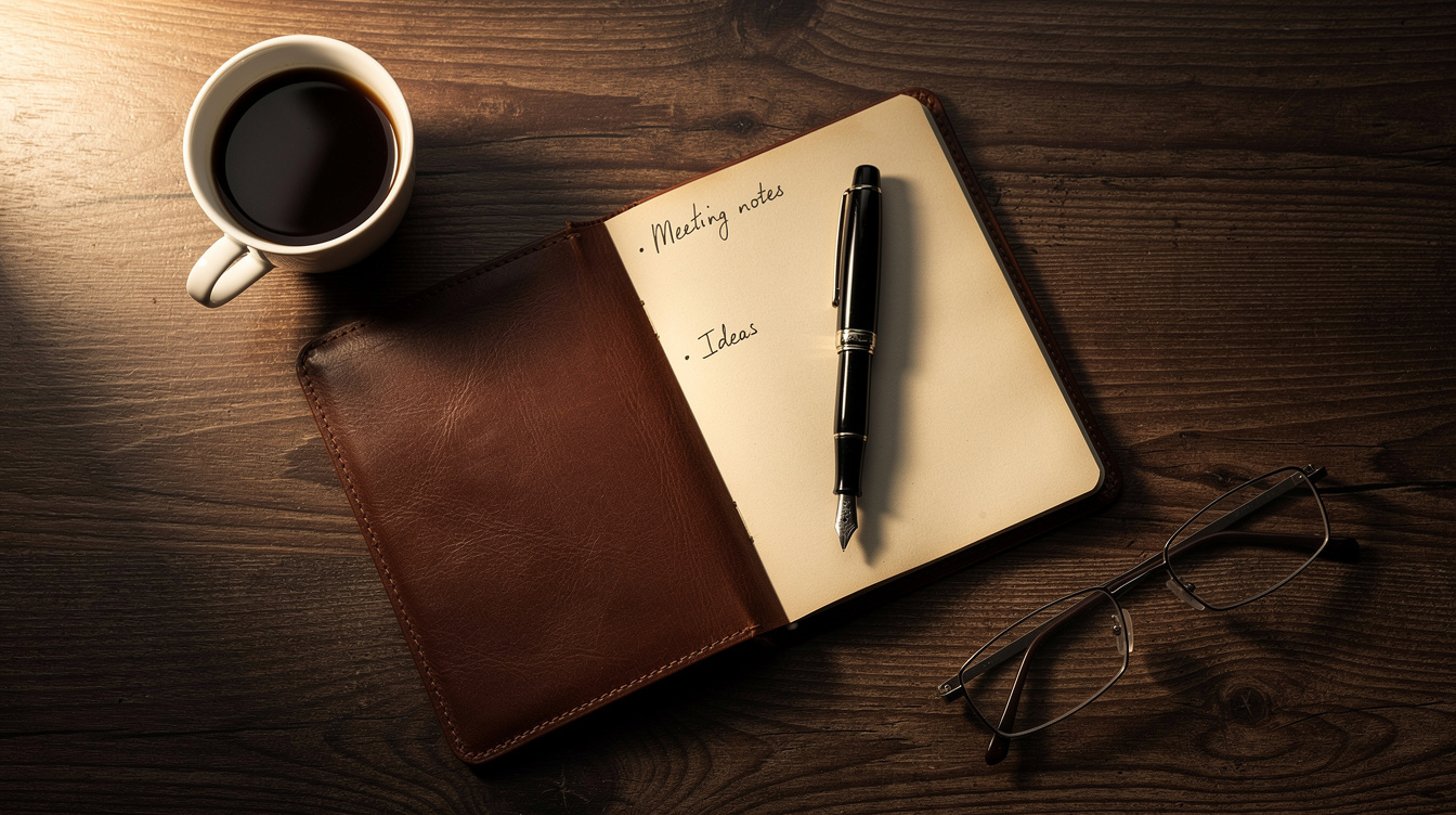 Open notebook with handwritten notes next to a cup of coffee